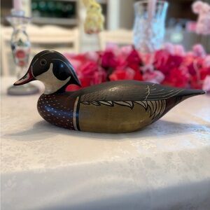 Wood Duck Decoy Hand Carved & Hand Painted With Glass Eyes